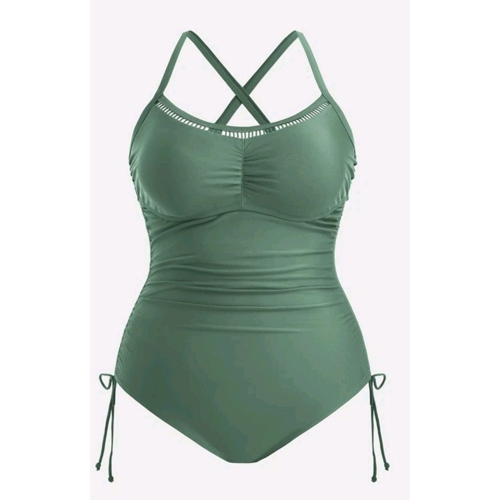 Women's Ruched Sides Swimsuit Earthy Sage Green, One-Piece Drawstring Swim 0X 14